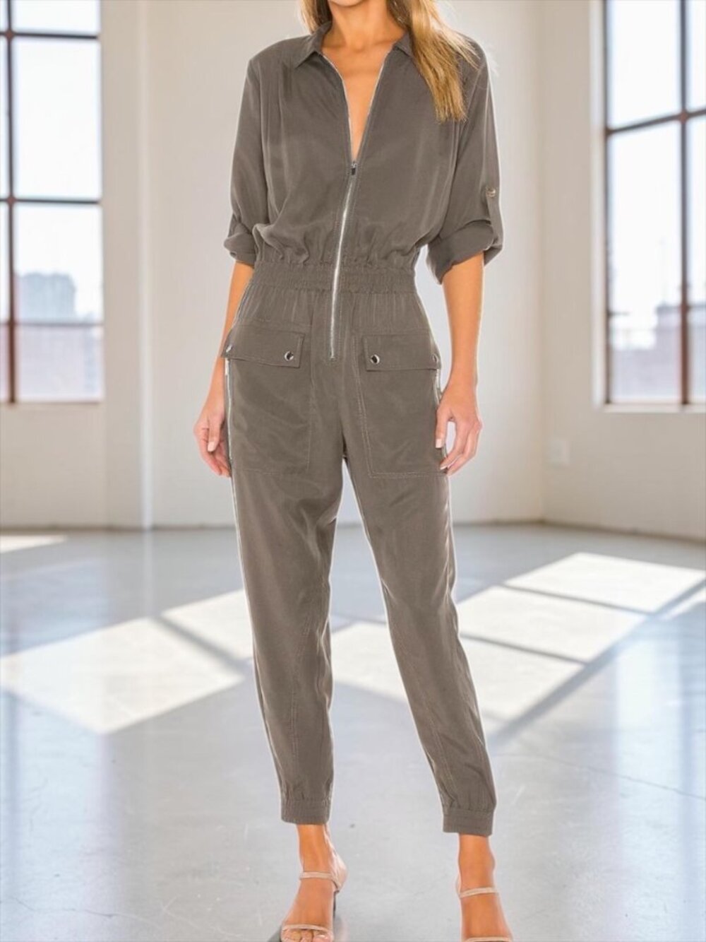 ATM Anthony Thomas Melillo Long Sleeve Utility Jumpsuit L Olive Drab Jogger